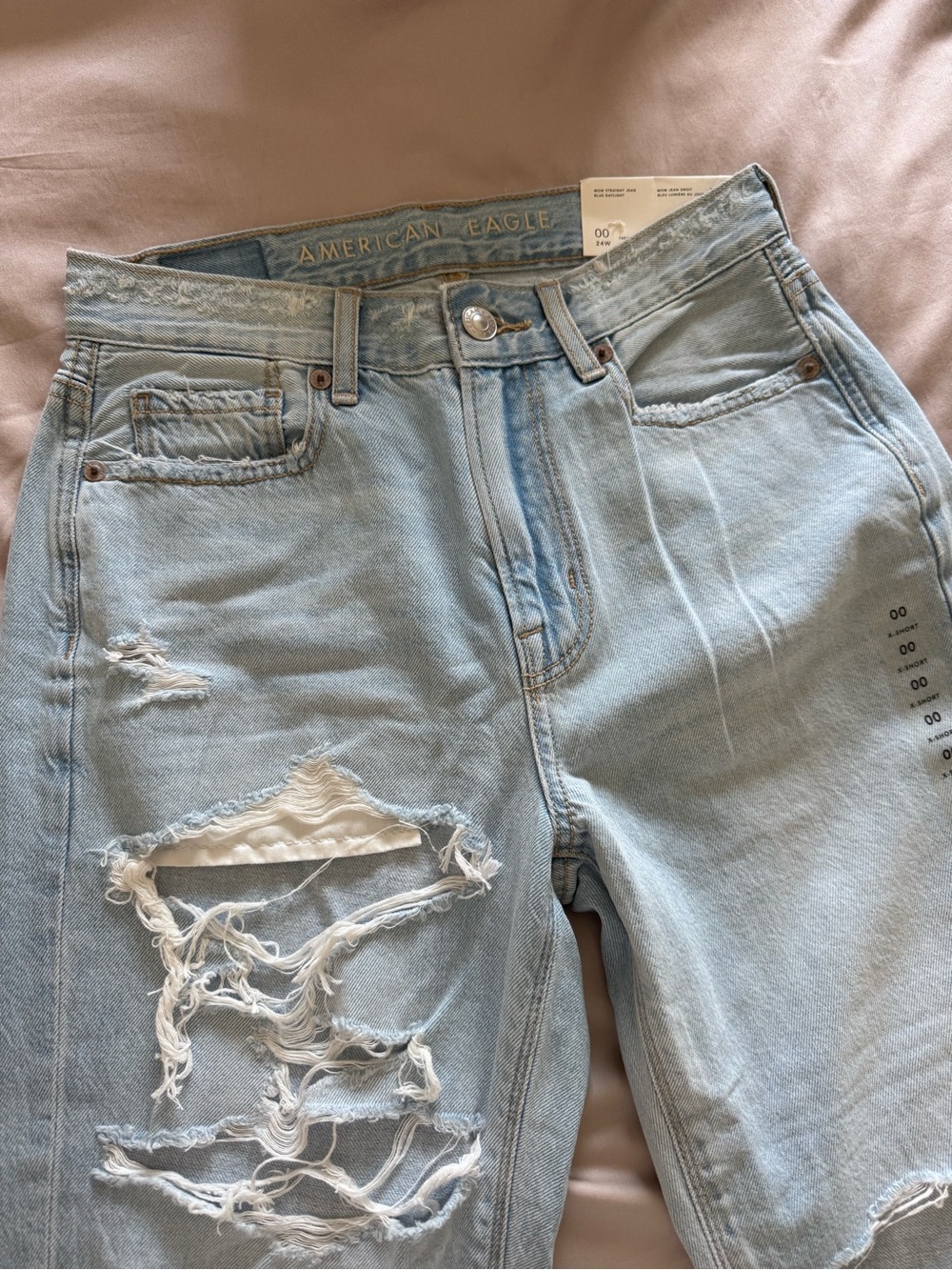American Eagle Light Wash Distressed Mom Straight Jean
